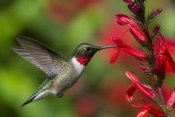 Naklejka premium Ruby throated hummingbird feeding from red tubular flower