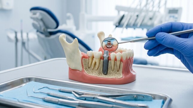 Dental implant model demonstrating screw-retained tooth replacement procedure, showcasing a human jaw with teeth and an implant in an aseptic clinic with tools.