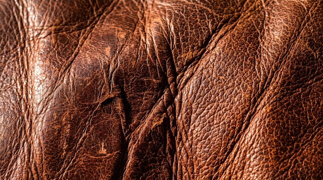 Rich brown textured leather background, displaying natural wrinkles and patterns, ideal for rustic and vintage design projects.