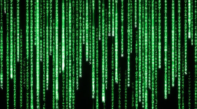 Abstract green matrix code rain with falling digital data characters, representing cybersecurity, programming, and a virtual reality concept.
