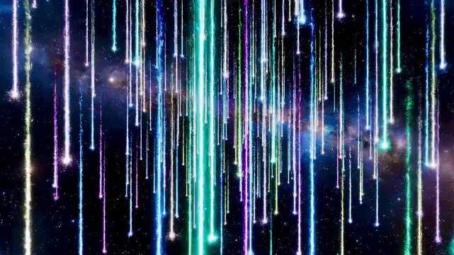 Colorful Sparkling Falling Laser Beams in Deep Space with Glowing Starfield Video