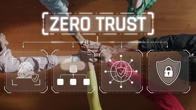 Visual Representation of Zero Trust Security Concept with Handshake Icons and Digital Elements on Wooden Table Background Sigmoid