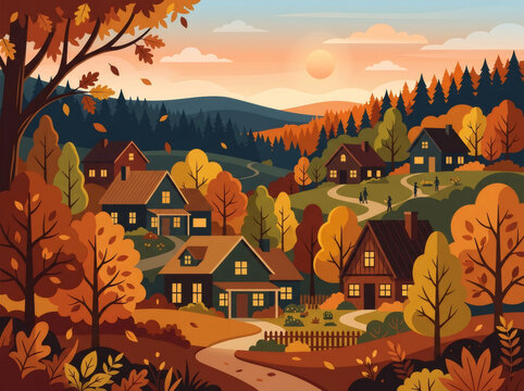 Cozy houses in a scenic autumn valley village at sunset, representing fall real estate and warm country living