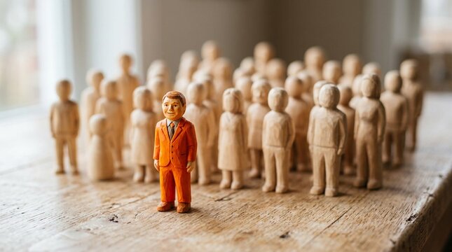 Hand-painted orange-suited wooden figurine leader standing before crowd of unpainted carved miniature people on rustic wooden tabletop, leadership concept