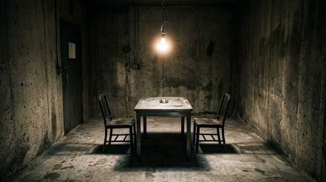 Dark concrete room with bare metal table and two empty chairs under single hanging bare light bulb, gritty interrogation or prison atmosphere, dystopian interior