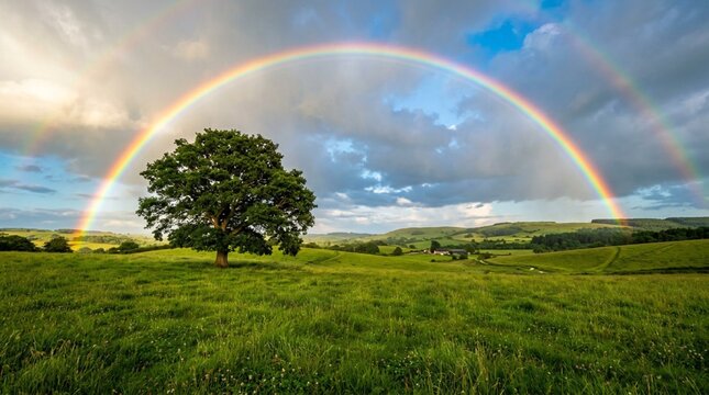 Vivid multicolored rainbow arching across bright summer sky above lush green meadow with solitary tree and rolling countryside after rain shower in scenic landscape photography