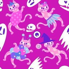 Naklejka premium Halloween animals seamless cats pattern for wrapping paper and fabrics and linens and kids clothes print