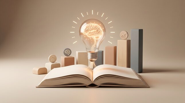 Business intelligence and skill development strategy featuring illuminated brain inside lightbulb over book and growth charts
