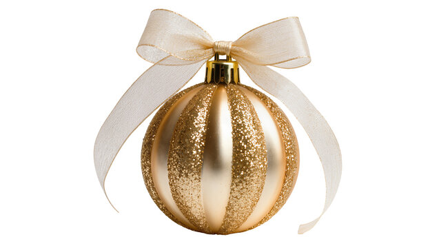 Golden striped Christmas bauble with glitter and ribbon, isolated on transparent background