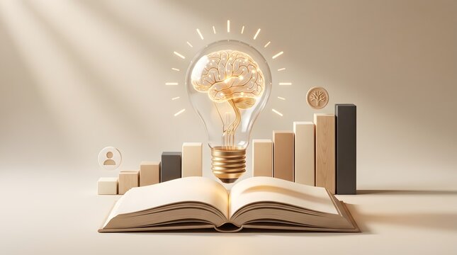 Data driven learning and professional development concept with brain lightbulb hovering over book and rising bar graph