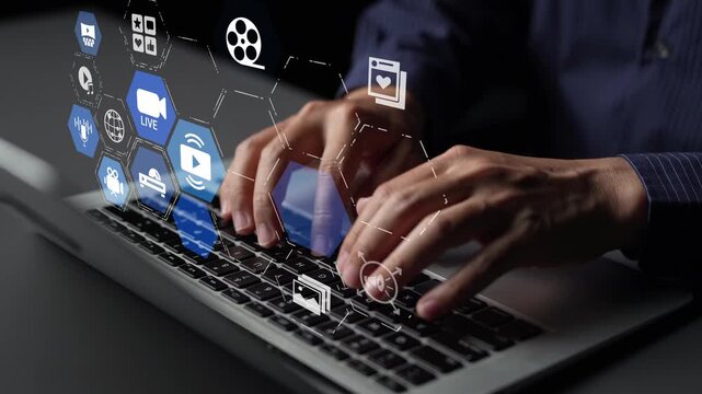 Multimedia technology with video, audio, photo and streaming icons representing digital media, communication and online platforms in a modern multimedia world. Funnel