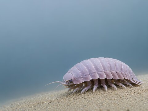 Wild Animal Background &ndash; Giant Isopod. Giant isopod crawling across a sandy seabed, showing its distinctive segmented armor, antennae and multiple legs against a soft underwater background 
