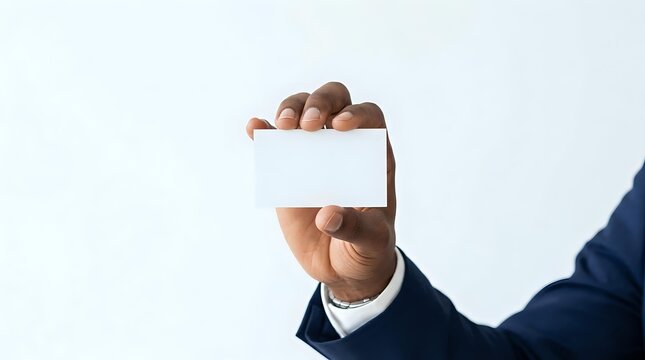 Man in dark suit holding blank white card covering face, identity