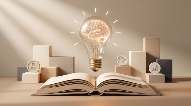 Knowledge management and corporate training concept with glowing brain lightbulb hovering over an open book