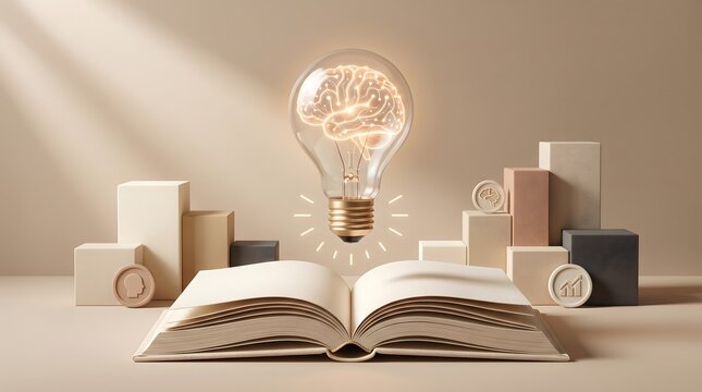 Knowledge management and continuous learning concept featuring glowing brain lightbulb above an open book