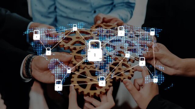 A diverse group of people collaborates on cybersecurity solutions, showcasing teamwork and innovation while integrating secure networks for enhanced protection and safety. Raster
