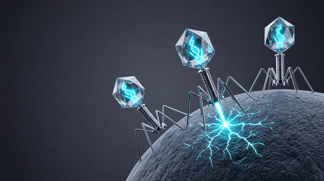 Bacteriophage injecting glowing DNA into a bacterial cell surface, 3D render