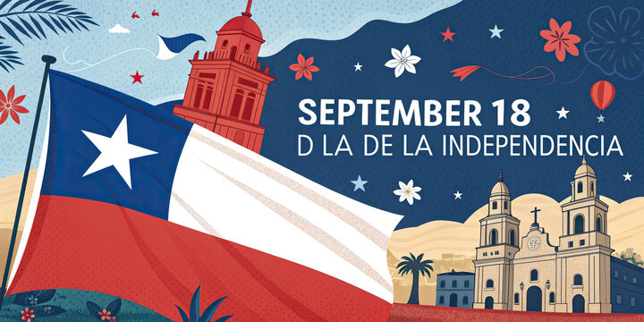 Chile Independence Day Celebration with Flag Mountains and Vintage Festive Poster Design
