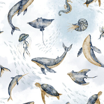 Undersea animals seamless watercolor pattern isolated on background. Ocean repeat with whales, seahorse, turtle, rays for fabric, wallpaper, nursery textiles and wrapping paper. Baby backdrop for kids