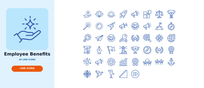 Employee benefits icon set featuring blue line graphics depicting business