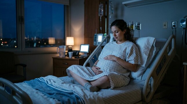 Pregnant woman sitting upright on hospital bed at night, cradling belly in dim blue ambient light, city lights visible through window
