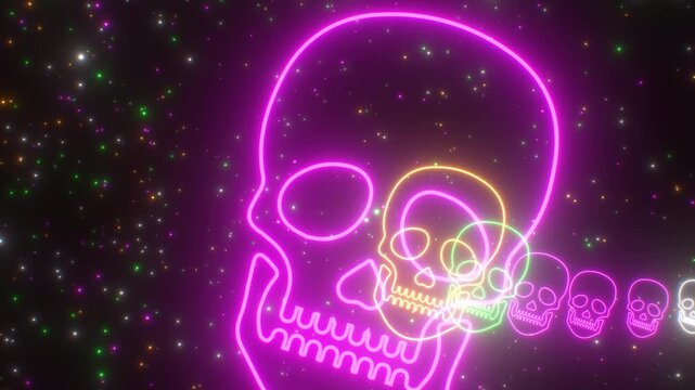 Fly Through Human Skull Face Shaped Neon Lights Glowing Curved Tunnel - 4K Seamless VJ Loop Motion Background Animation
