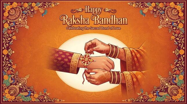 Hands tying ornamental rakhi thread banner vector illustration for Happy Raksha Bandhan celebration background