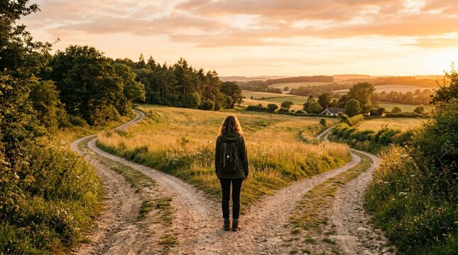 Woman standing at a fork in a dirt road at golden sunset, contemplating two diverging paths through a green countryside landscape with distant forest and rolling hills