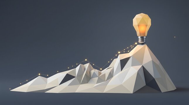 Business growth strategy concept with glowing line graph leading to an innovative lightbulb on a mountain peak