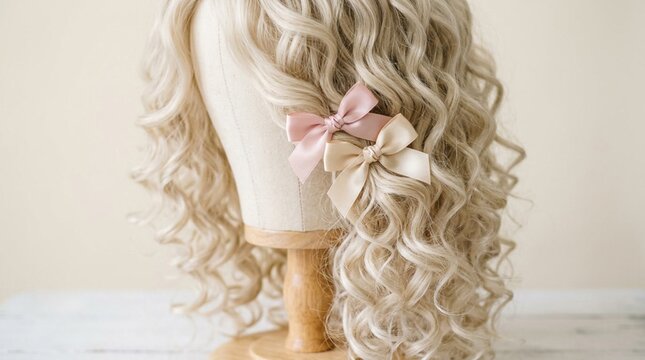 Studio close-up of curly platinum-blonde wig on wooden mannequin stand adorned with two delicate satin bows, soft natural lighting, beauty and fashion accessory display