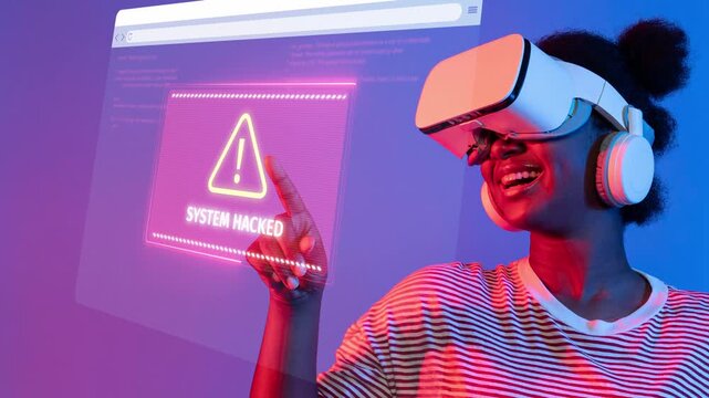 A young woman experiences virtual reality while engaging with a holographic system hack alert, blending excitement and technology in a vibrant digital world. Raster