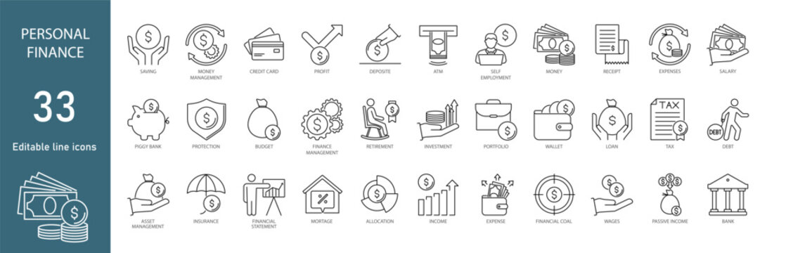 Set of line icons on personal finance. Contains 33 icons on taxes, loans, pensions, money, income, expenses, consultations, wallet, and more. Vector illustration.