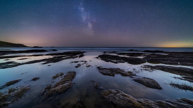 Starry Night Sky Over Ocean Beach with Reflecting Milky Way and Wet Rocks
