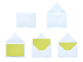Cheerful white envelopes revealing light yellow blank cards suited for summer party invitations and happy Easter greetings on a transparent background © Valeri