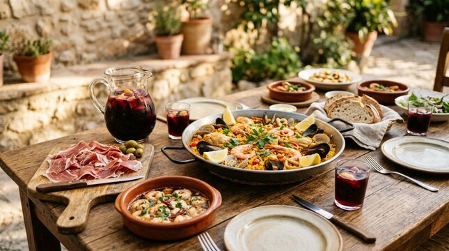 Rustic wooden table laden with traditional Spanish feast: golden paella, Iberian ham, sangria pitcher, tapas bowls, and crusty bread in sunlit courtyard