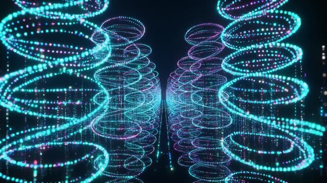 Futuristic DNA Helix Structure Illuminated by Neon Particles, Science and Technology Concept