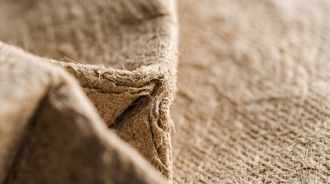 Macro close-up of coarse brown burlap texture with frayed edges