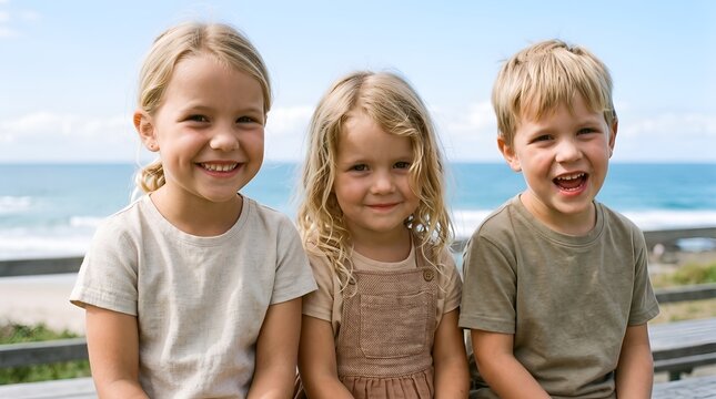 Three happy young children smiling together during summer vacation at the beach