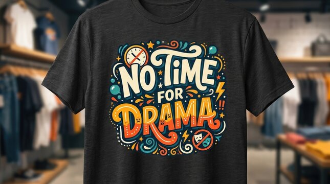 Colorful No Time for Drama Typography Graphic Printed on Black T Shirt