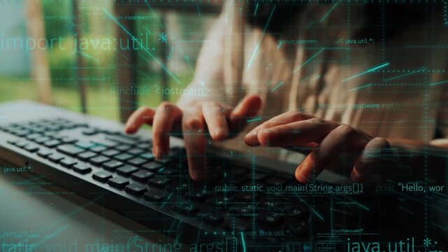 An artistic representation of hands typing on a keyboard surrounded by programming code elements, highlighting the dynamic nature of software development and modern technology. Xenic