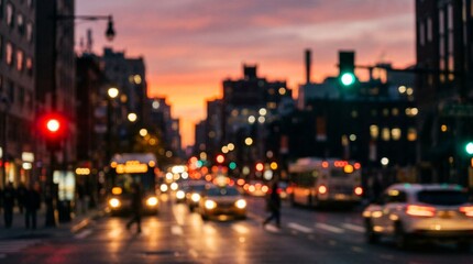 Naklejka premium Blurred city street at sunset with glowing red and green traffic lights and soft bokeh capturing vibrant urban atmosphere with cars and pedestrians