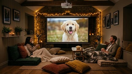 Obraz premium Cozy home cinema setup with couple relaxing on floor cushions watching a golden retriever dog on projector screen, fairy lights and candles in warm rustic room