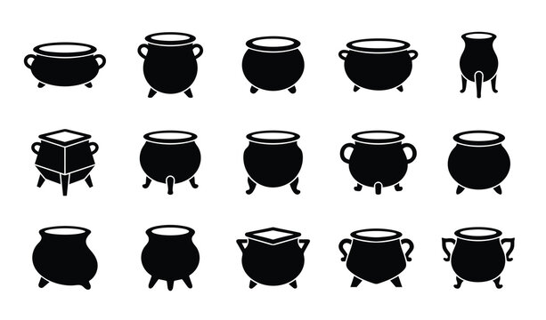 Set of black cauldron pot icons for magic and cooking
