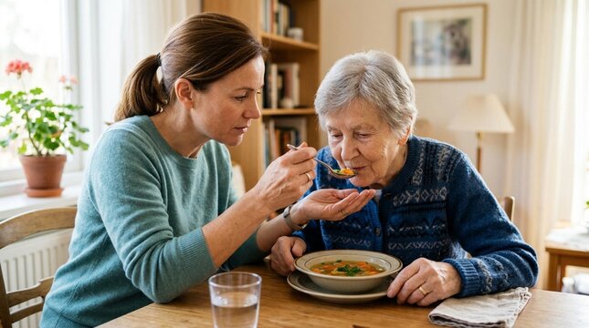 Caring young woman gently spoon-feeding elderly mother soup at a sunny dining table, tender care and family love moment captured in warm home interior