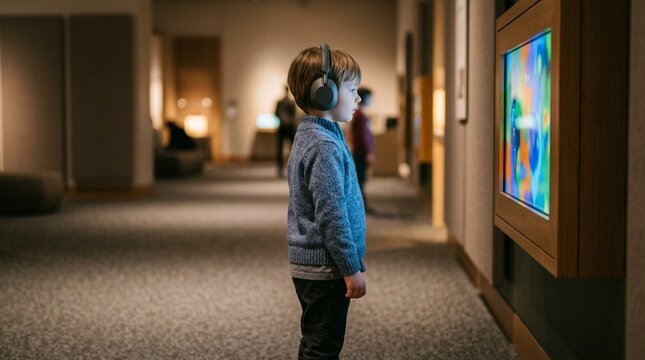 Calm young child wearing large noise-canceling headphones standing in softly lit museum exhibit viewing colorful abstract digital art installation display screen