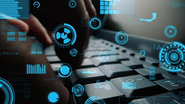 This image features hands typing on a keyboard, enhanced by vibrant digital analytics and data visualization elements, illustrating the blend of technology and user interaction. Xenic