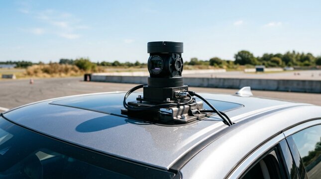 Close-up of a black LiDAR sensor unit mounted on the roof of a silver electric vehicle in an outdoor testing facility under a clear blue sky, showcasing autonomous driving technology