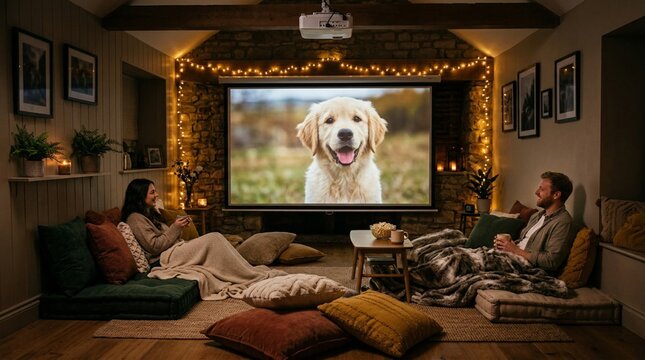Cozy home cinema setup with couple relaxing on floor cushions watching a golden retriever dog on projector screen, fairy lights and candles in warm rustic room