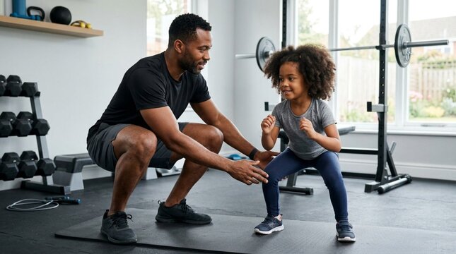 African American dad coaching young daughter through squat exercise in home gym, both smiling on workout mat, dumbbells and squat rack in bright background