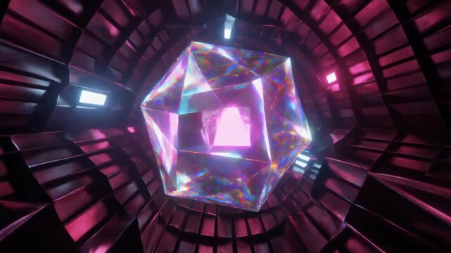 Abstract Geometric Crystal in Sci-Fi Tunnel, Futuristic Gemstone, Neon Light.